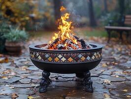 Backyard fire pit burning brightly in autumn garden photo
