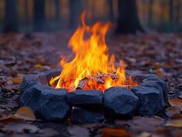 Campfire burning in stone ring in autumn forest photo