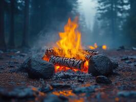 Campfire burning brightly in misty forest photo