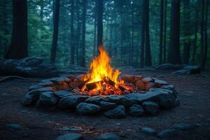 Campfire burning in stone ring in misty forest at dusk photo