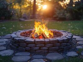 Backyard fire pit ablaze at sunset in autumn photo