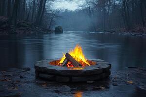 Campfire by misty river in forest at dusk photo