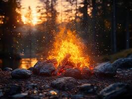 Campfire by river at sunset in forest with sparks photo