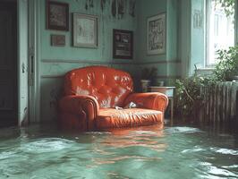 Flooded room with red sofa, indoor flood damage, overgrown photo