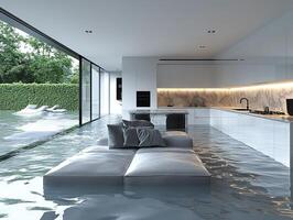 Flooded modern kitchen and living room with pool view photo