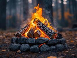 Campfire burning brightly in forest clearing, misty autumn background photo