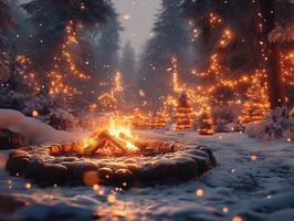 Campfire in snowy forest with festive lights at dusk photo
