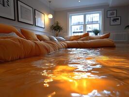 Flooded living room with sofa submerged, window view, water damage photo