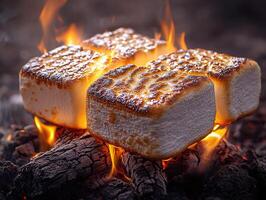Roasting marshmallows over campfire flames photo