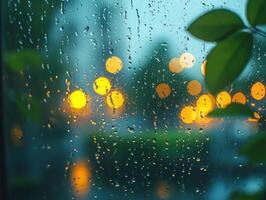 Raindrops on window with blurred city lights at dusk photo
