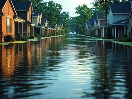 Flooded suburban street at dawn, houses reflected in water photo