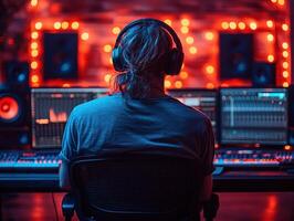 Sound engineer mixing music in studio with festive lights photo