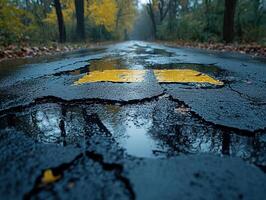 Wet cracked asphalt road in autumn park with fallen leaves photo