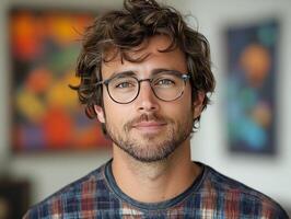 Man with glasses in art gallery, looking at camera photo