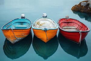 Three colorful boats moored in calm water, reflecting in tranquil bay photo