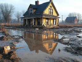 Abandoned house in flooded field reflecting in muddy water photo