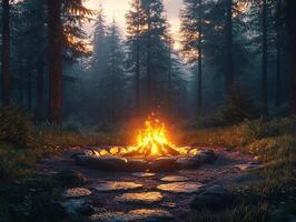 Campfire burning in stone ring, misty forest at sunset photo
