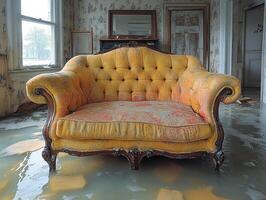 Antique Sofa in Flooded Abandoned House Room photo