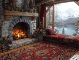 Cozy cabin interior with fireplace, mountain lake view, and winter scenery photo
