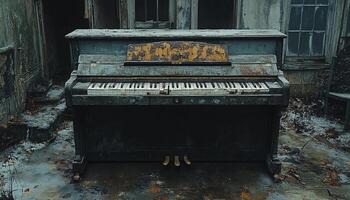 Decaying piano in abandoned building's snowy courtyard photo