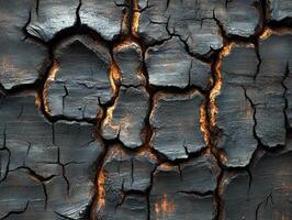 Cracked charred wood texture, close-up, burnt surface photo