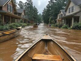 Canoeing through flooded suburban street after heavy rain photo