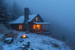 Cozy cabin with fireplace in snowy mountain forest at dusk photo