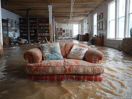 Flooded home interior, sofa afloat, library background, disaster aftermath photo