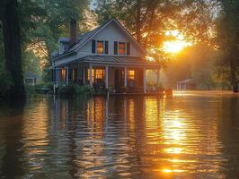 Flooded house at sunrise, reflecting in water, trees in background photo