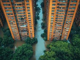 Flooded city apartment buildings, aerial view, between buildings, disaster photo