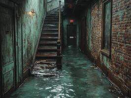 Flooded hallway with stairs, exit sign, and weathered walls in abandoned building photo