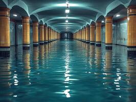 Flooded ornate underground hall with pillars and reflections photo