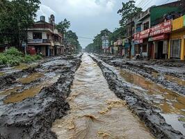 Flooded muddy road in town after heavy rain, shops in background photo