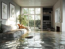 Flooded living room with furniture, window view, water damage photo