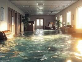Flooded office interior with furniture, sunlight from windows photo