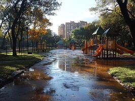 Flooded playground in autumn park with apartment building photo