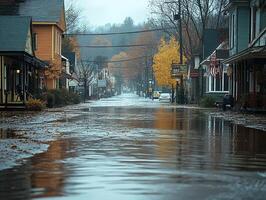 Flooded street in autumn town, reflections, distant car photo