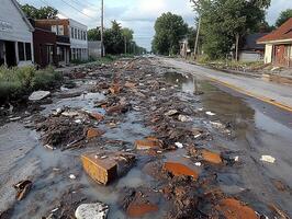 Flooded street with debris in town, post-disaster cleanup photo