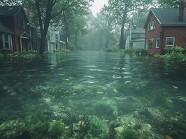 Flooded suburban street with houses, misty background photo