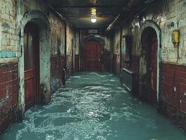 Flooded hallway in abandoned building with water damage photo