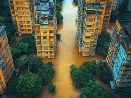 Flooded city street between buildings, aerial view of urban flood disaster photo