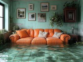 Flooded room with orange sofa, plants, and framed art photo