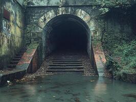 Flooded stairs leading to dark tunnel entrance under bridge in overgrown area photo