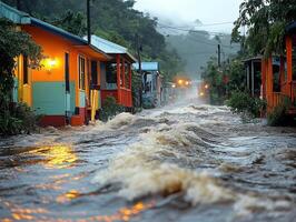 Floodwaters surge through colorful Caribbean village at dusk photo