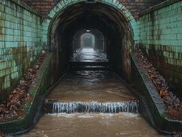 Flooded urban pedestrian tunnel under bridge with distant light photo