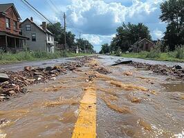 Flooded street with debris in residential area after heavy rain photo