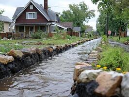 Rainwater runoff flows through neighborhood drainage ditch after storm photo