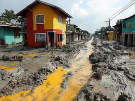 Mudslide flows through flooded village street past colorful houses photo