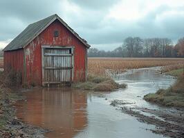 Red barn flooded by muddy water in autumn field photo