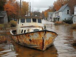 Abandoned boat in flooded town, autumn foliage backdrop photo